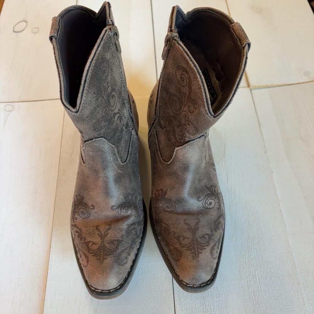 Roper Western Cowboy Boots Womens 6 Brown Paisley Zip Low Heel Casual Snip Toe